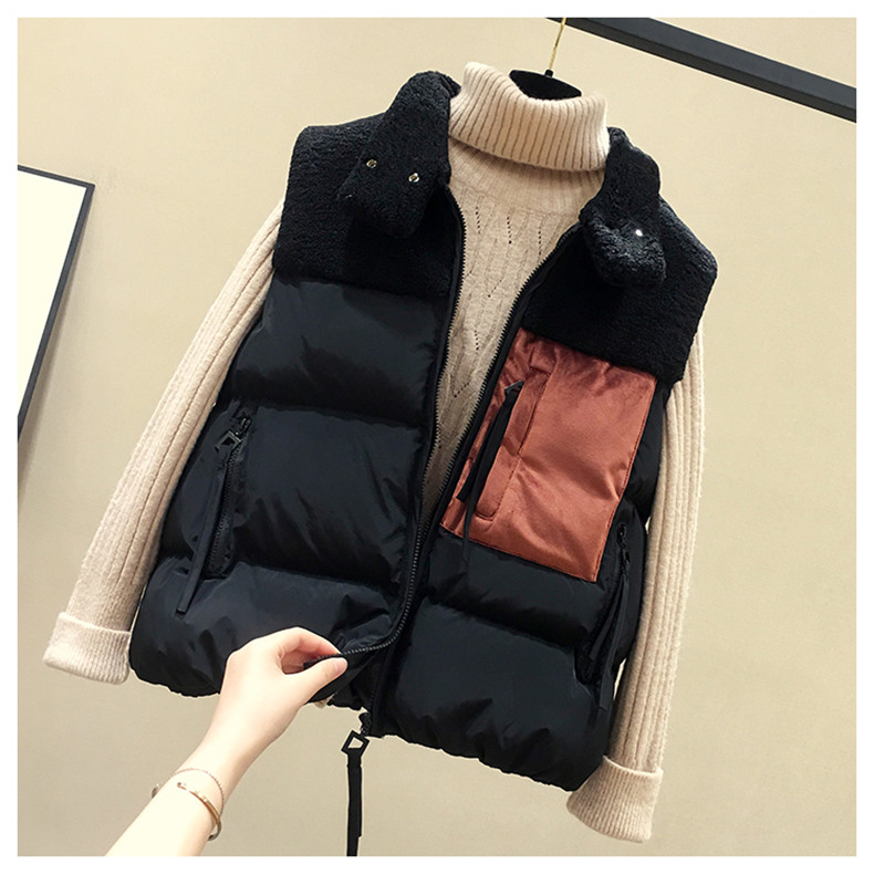 Женская жилетка 潮牌2020秋冬款羽绒棉马甲女短款韩版马夹背心拼接羊羔毛坎肩外套