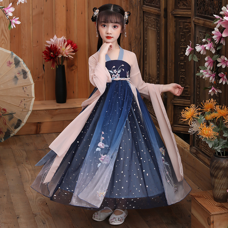 Han Fu Girl's Autumn Clothing Children's Ancient Dress Super Fairy Flutter Stars Empty Hanfu Dress Chinese Wind Cherry Blossom Princess