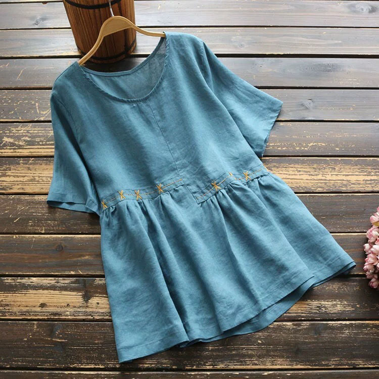  Literary summer new women's loose large size T-shirt embroidery decoration round neck short sleeve doll shirt top women