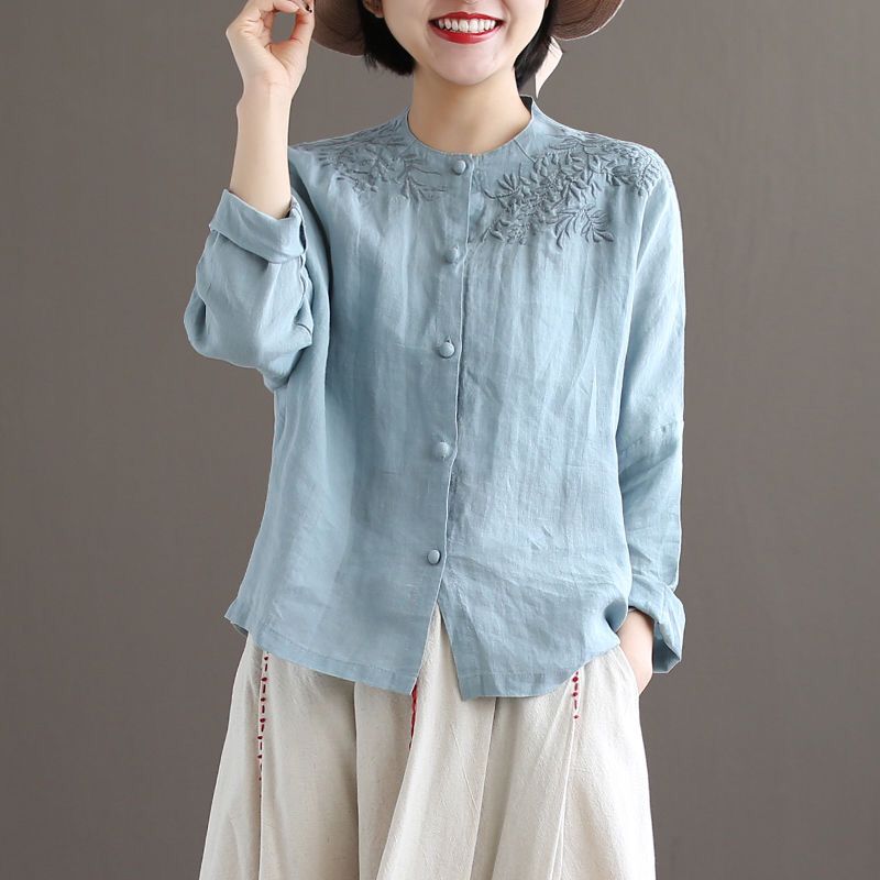  Retro Art Embroidered Shirt Spring Autumn style Round Collar Long Sleeves Cotton Numb Blouse 100 Hitch Shirt Cardiovert