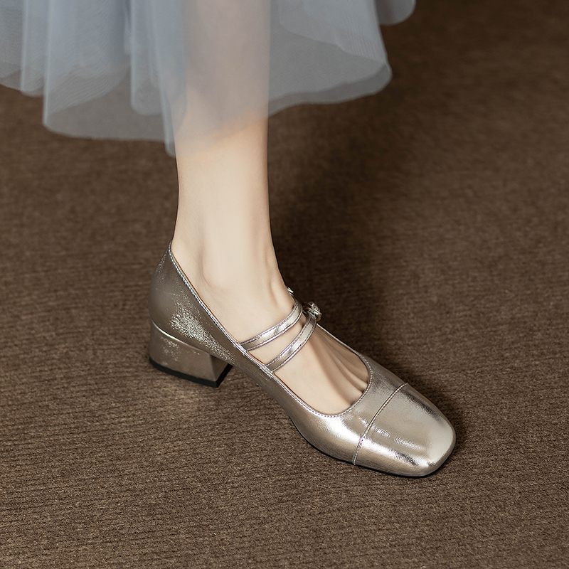 Silver Mary Jane Shoes for Women 2026 New Summer Leather Shoes with Medium Heel, Chunky Heel, High Heel, French Style, Suitable for Skirts, Ballet