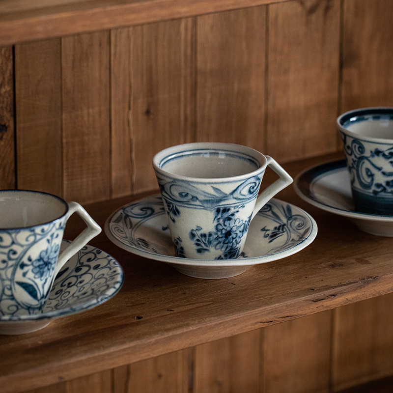 Pot Miss, a Japanese Imported Brand, Zongji Kiln Hand-Painted Blue and White Coffee Cup Set, High-Value Retro-Style Ceramic Tea Cup and Saucer