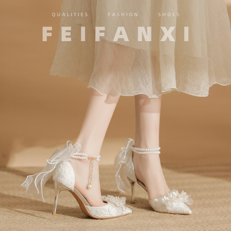 Fairy-Style French White High-Heeled Shoes for Women, 18-Year-Old Coming-Of-Age Ceremony, New Satin Bow Knot Shoes, Women's Stiletto Pointed Toe Fairy-Style French White High-Heeled Shoes for Women, 18-Year-Old Coming-Of-Age Ceremony, New Satin Bow Knot Shoes, Women's Stiletto Pointed Toe