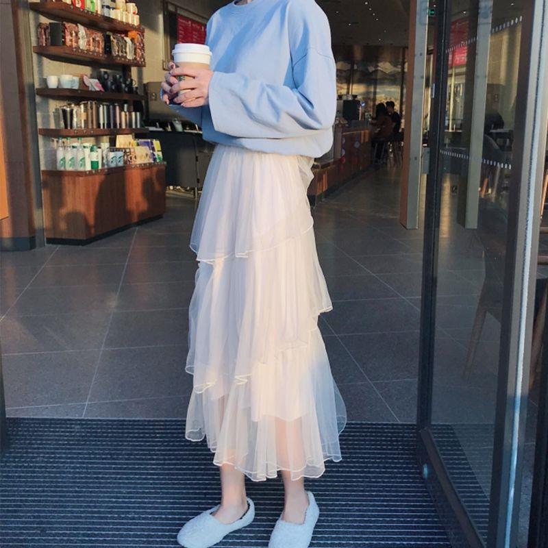 2019 spring summer new cake dress with long version of high waist yarn dress student web yarn half body dress superfairy long skirt