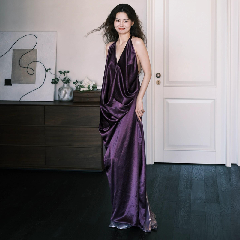Halter Neck Sexy Toast Dress for Bride, Annual Meeting, Loose Fit, Maternity, Lazy Style, High-End Satin Dressing Gown, Host Evening Gown