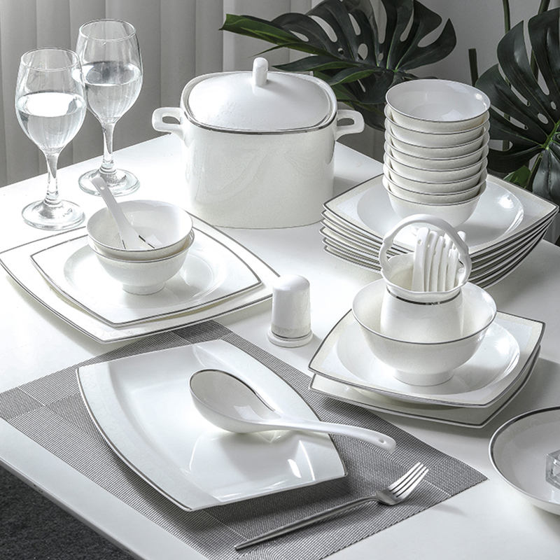 Bowl and dish set home European style simple high-end Chinese style silver edge bone china tableware Jingdezhen ceramic bowl and plate combination