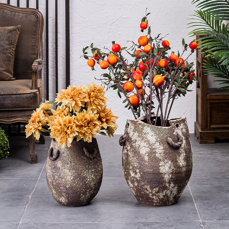 Jingdezhen checking retro thick clay dried flowers floral inserted vase meaty plant large flower pot zen retro home stay facility