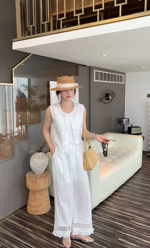 26081 New Summer Embroidered Tencel Linen Suit, m Bust 92, Length 50, Hip 110, Length 90
