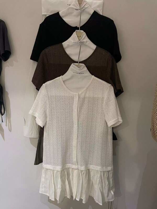 26017 Summer Hollow-Out Lace Patchwork Lace Two-Piece Short-Sleeved Top, Bust 98, Length 75