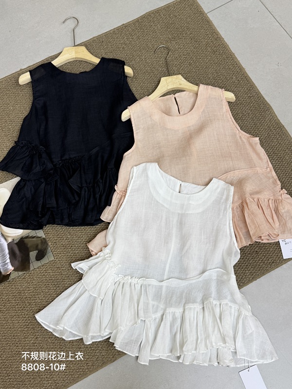 8808 Summer Round Neck Irregular Ruffled 100% Ramie Sleeveless Shirt Top, Bust 106, Length 57