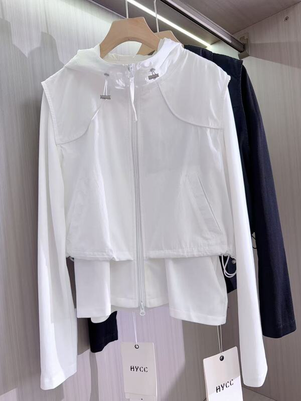 028-1 Korean Style Hooded Fake Two-Piece Sun Protection Thin Jacket, m Bust 108, Length 58