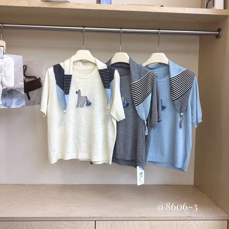 8606-3 Summer New Style Knitted Shawl Two-Piece Set with Short-Sleeved Knitted Top, Bust Size 112, Length 57