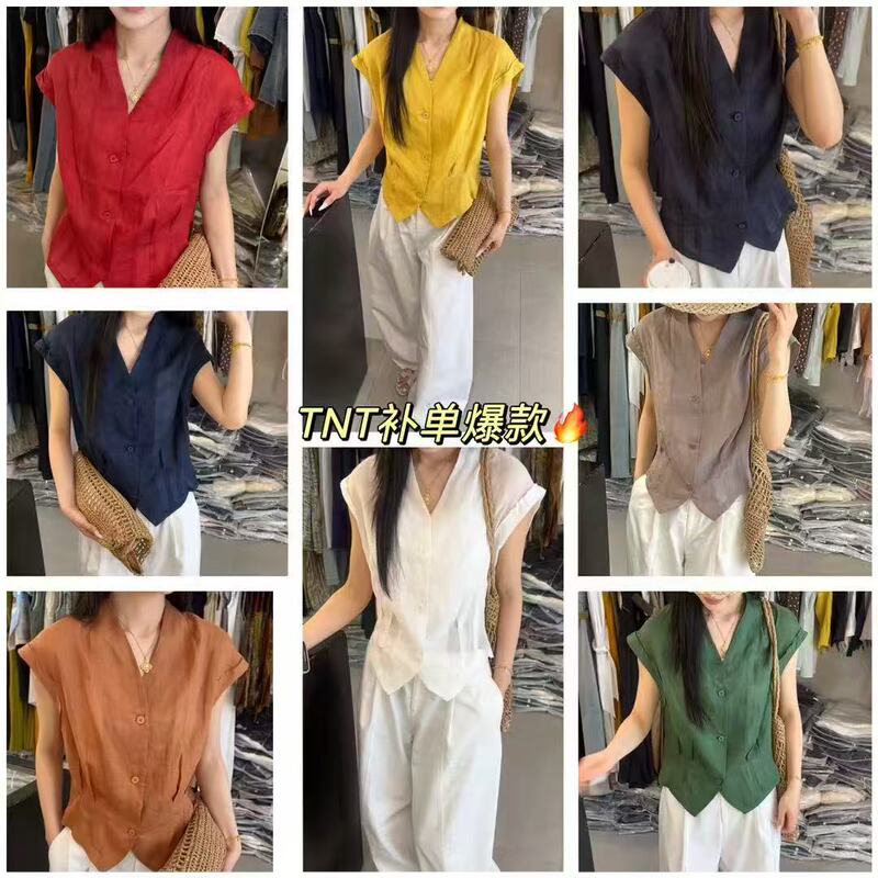 26121 Model Tnt Summer Women's V-Neck 100% Ramie Sleeveless Shirt, m Bust Size 104, Length 55 26121 Model Tnt Summer Women's V-Neck 100% Ramie Sleeveless Shirt, m Bust Size 104, Length 55