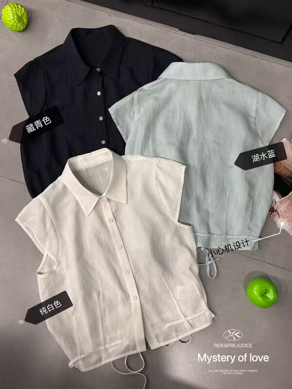 26068 Summer Korean Style Fashionable Linen Short-Sleeved Shirt Top with a Turn-Down Collar, m Bust Size 108, Length 54