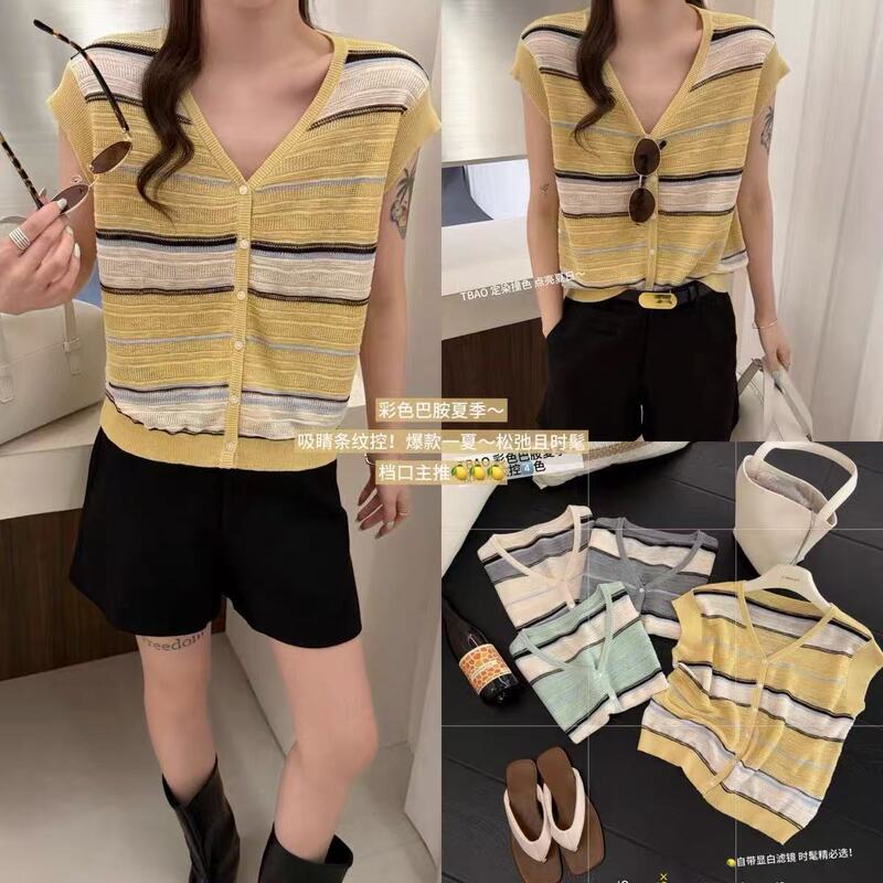 1536 Summer New Women's Striped V Neck Short-Sleeved Knitted Cardigan, Bust 106, Length 56