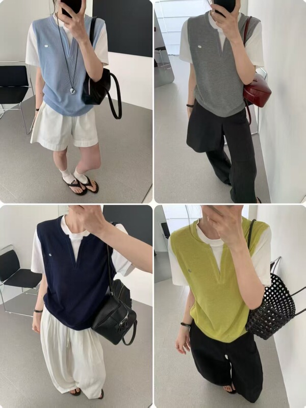 6895 Summer New Style Round Neck Sleeveless Fake Two-Piece Knitted Short Sleeves, Bust 108, Length 56 6895 Summer New Style Round Neck Sleeveless Fake Two-Piece Knitted Short Sleeves, Bust 108, Length 56