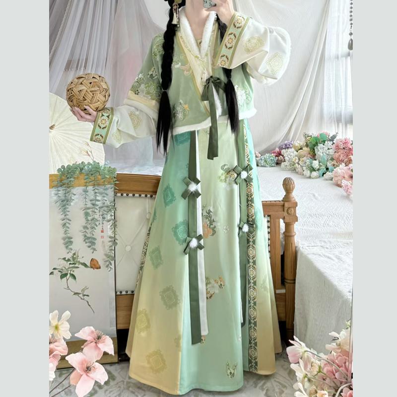 Jinyige Original [Spring Sunlight Green Leaves] Hanfu Women's Tang-Style Blouse Eight-Panel Skirt Embroidered Fleece-Lined Cape Autumn/Winter Style