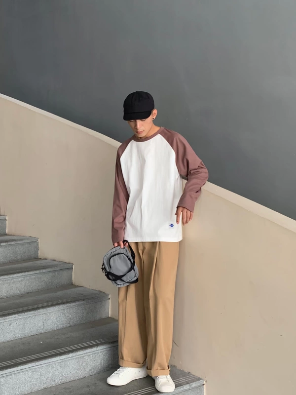 OFFBORD nam 2019 mới mùa thu tương phản màu raglan couple Áo thun rộng tay dài cotton tinh khiết chạm đáy áo thủy triều - Áo phông dài