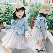 Girls spring suit 2021 New style childrens denim vest gauze dress Princess dress Children Baby dress tide