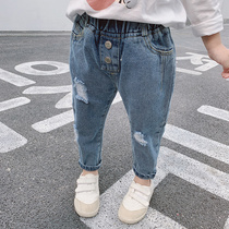 Girls jeans Spring and Autumn Korean version of 3-year-old childrens trousers womens babies holes foreign atmosphere 1 childrens pants 4 wearing 5 Tides