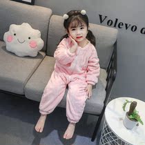 Childrens conjoined pajamas autumn and winter baby flannel home clothing girls coral velvet pajamas anti-kick prevention cold winter