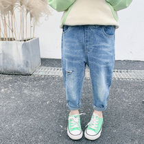 Girls jeans spring dress 2021 new childrens broken hole wearing trousers female baby Foreign style pants 1-3 years old 5 tide