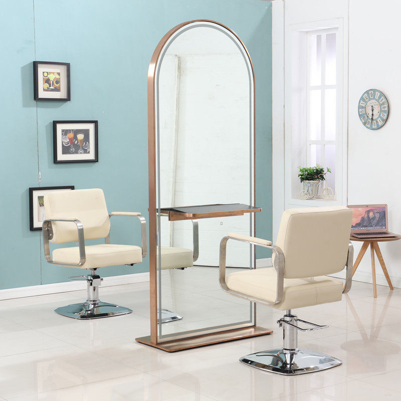 Hairdressy Shop Mirror Table Stainless Steel Rose Gold Floor Mirror Full Body Mirror Beauty Hair Mirror Hair Salon Special Beauty Hair Shop Mirror