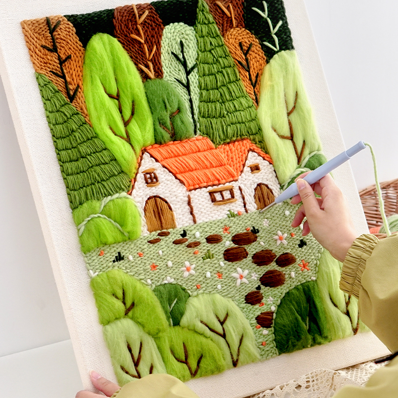 Wool Felt Yarn Decorative Painting Punch Needle Embroidery Frame Embroidery Handmade DIY Material Kit Gift for Adults to Pass the Time