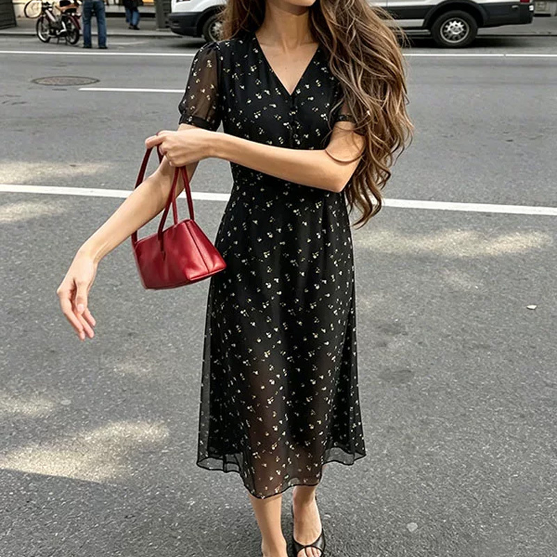 The Price Is Super Cheap! French-Style Single-Breasted Buttoned Printed Tea Break Dress 26062539 Limited Time 20% off