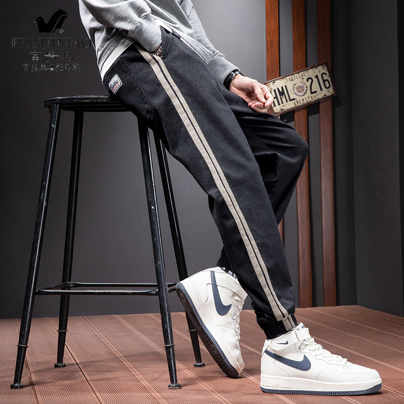 Rich bird autumn and winter casual pants men's plus velvet beam foot tide brand loose wild side stripes comfortable sports harem pants