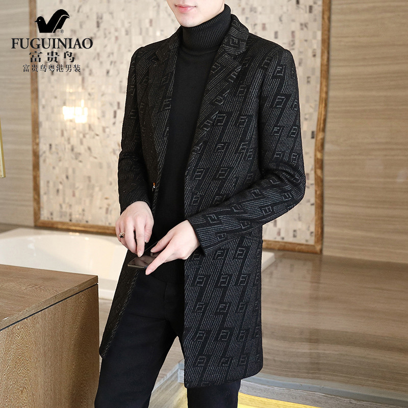 Rich bird winter woolen coat men's coat mid-length version Korean version of the slim business casual thickened woolen windbreaker trend