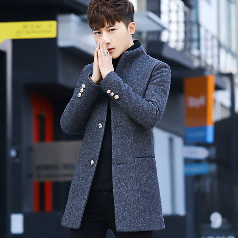 Fugui bird autumn winter medium long version of the wind coat jacket male and Korean version swarm with pure color thickening plus cotton wool