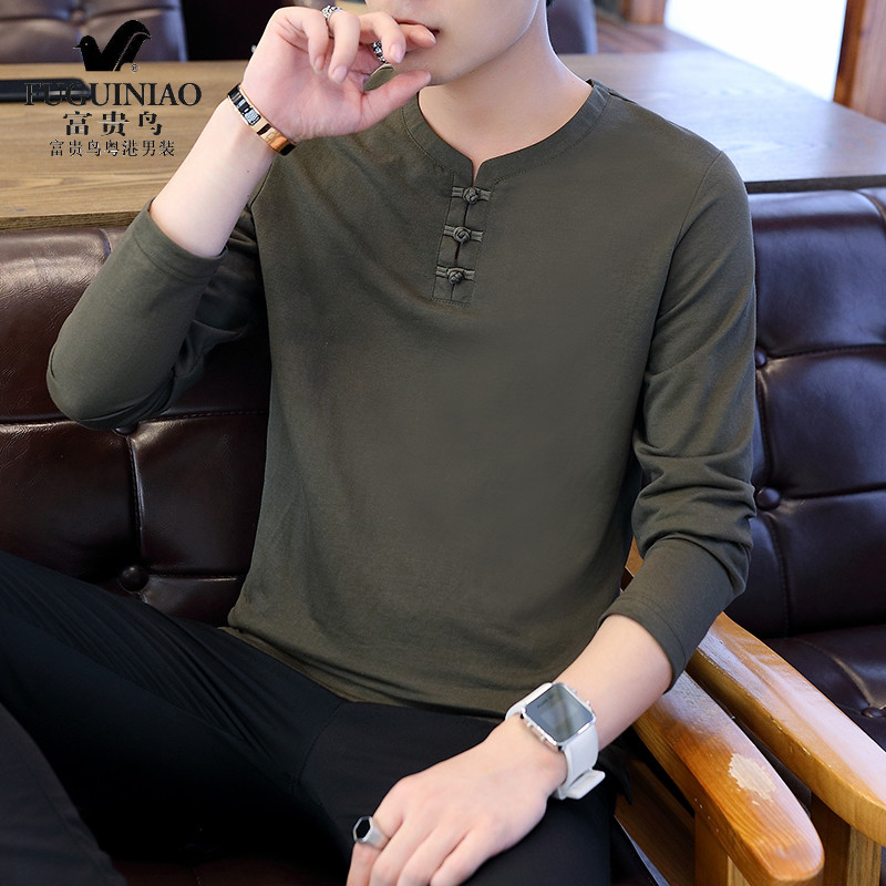 Rich bird Chinese style long-sleeved T-shirt men's Korean version trend round neck linen solid color youth casual handsome bottoming shirt