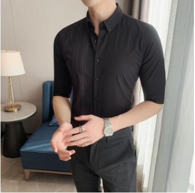 Rich Bird Business Casual Striped Shirt Men Short Sleeve Slim Korean Version Handsome Shirt British Style Hair Stylist Inch Dress