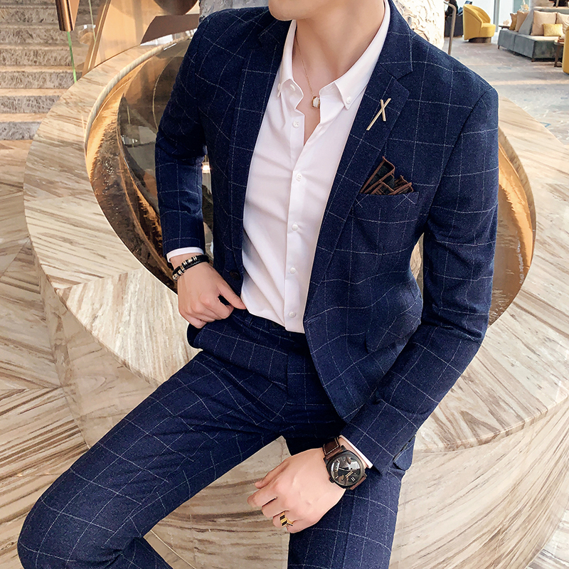 Fugui Bird Plaid Suit Jacket Male Korean Version Sashimi Fashion Business Casual Two Style New Bridegroom Wedding Gown