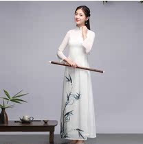 Chinese style retro fairy Odai Cheongsam modified version of Zen dance Zen suit Tea dress double layer dress