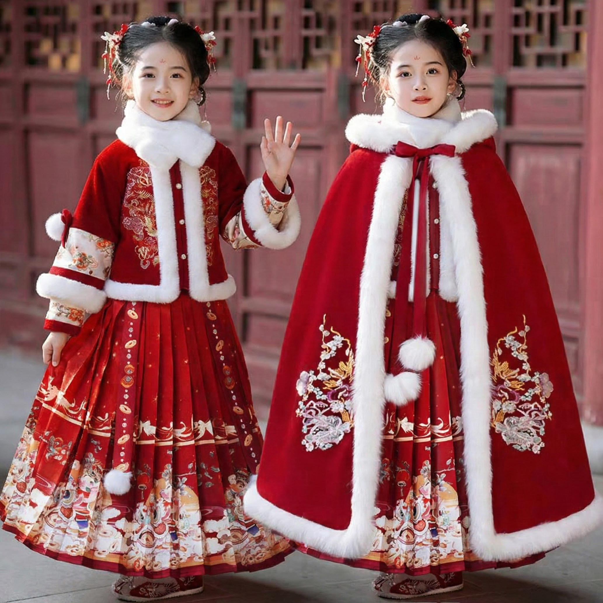 Зимнее платье Hanfu для девочек, новинка 2025 года, детская зимняя юбка, праздничная новогодняя одежда для девочек, новогодний костюм