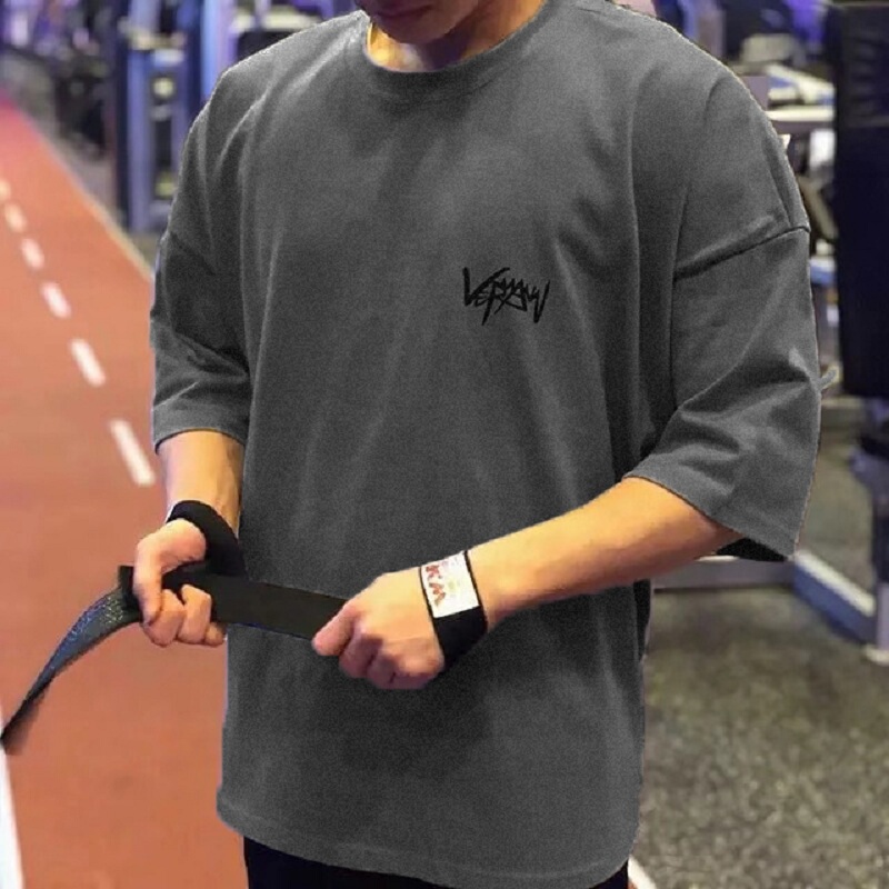 Sports Short-Sleeved Men's Pure Cotton Summer Fitness T-Shirt Large Size Loose Running Training T-Shirt Sweat-Absorbent Five-Quarter Sleeve Summer