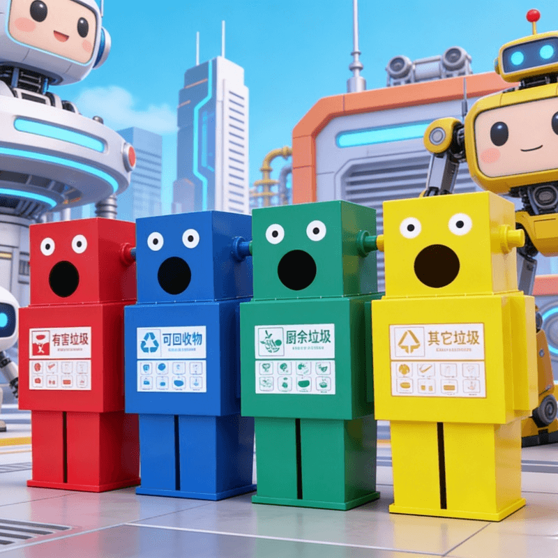 Cartoon Classified Trash Cans with Cute Robot Designs for Amusement Parks, Outdoor Creative Parks, Large Commercial Trash Bins