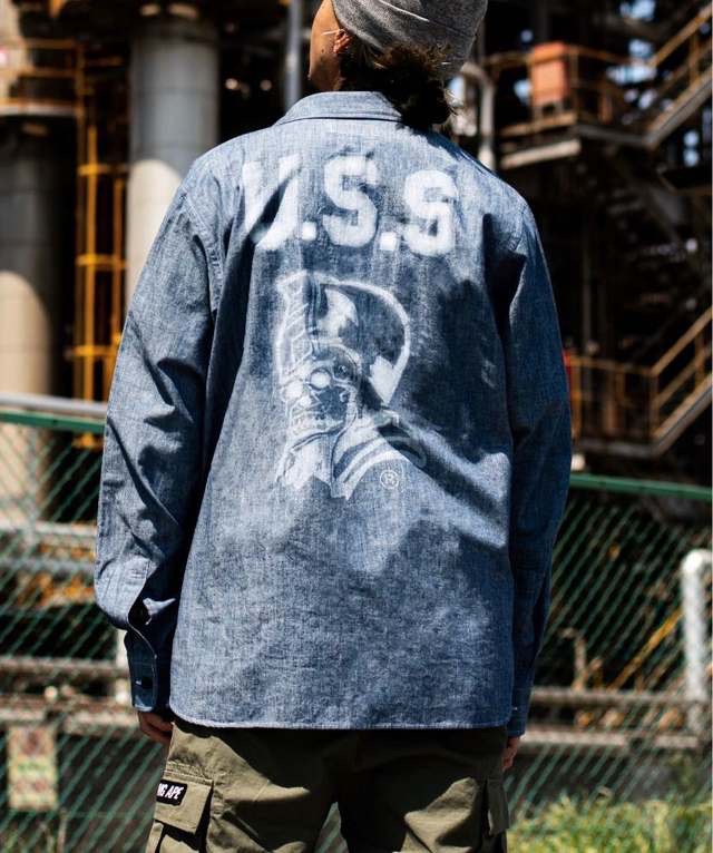 Japanese Bape Men's Denim Double-Pocket Back-Print Trendy Long-Sleeve Shirt