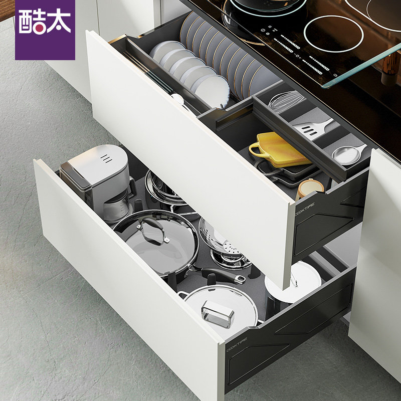 Cool kitchen kitchen cabinet pull basket Double-layer drawer type floor cabinet dishes basket The cabinet has a built-in stainless steel storage rack