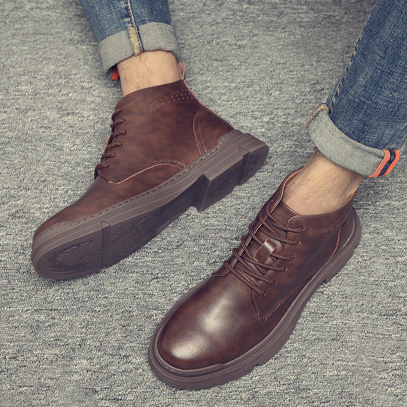 Autumn and Winter Martin Boots for Men, Mid-Top Short Boots, British Style, Fleece-Lined, Genuine Leather, Large Size Work Boots, High-Top Leather Shoes, Leather Boots