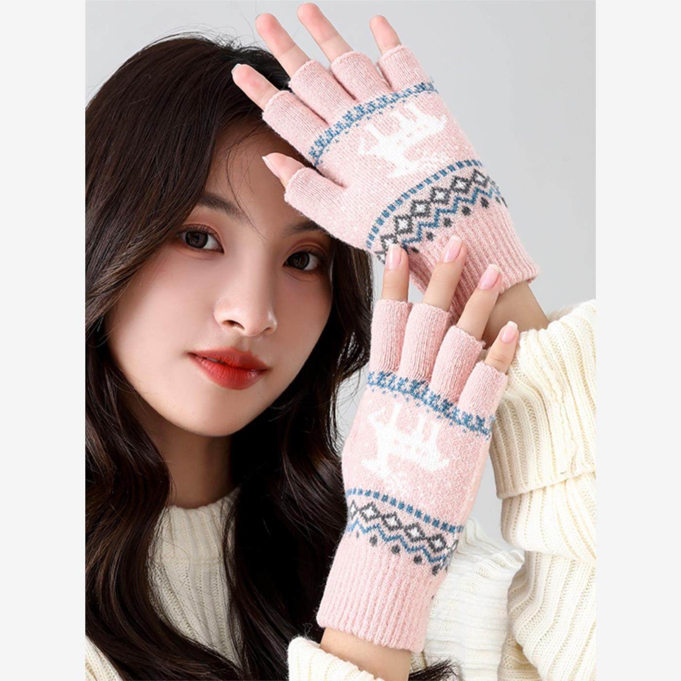Half-Finger Gloves for Women, Winter Adult Knitted Wool Warm Gloves, Cold-Proof for Autumn and Winter, Fingerless Touchscreen Gloves for Students, Five-Finger Gloves