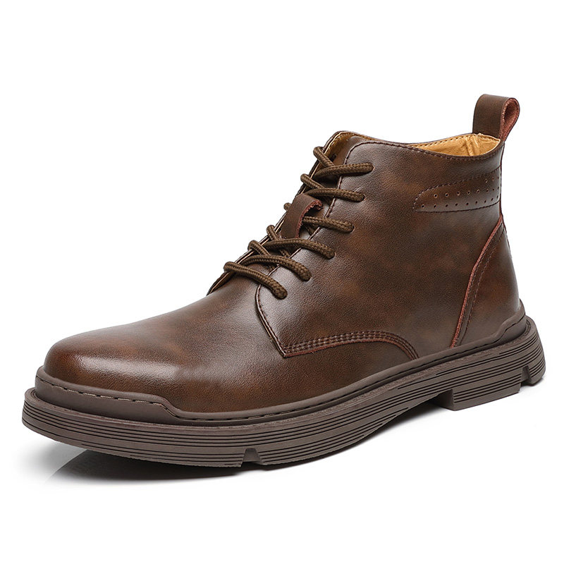 Autumn and Winter Martin Boots for Men, Mid-Top Short Boots, British Style, Fleece-Lined, Genuine Leather, Large Size Work Boots, High-Top Leather Shoes, Leather Boots