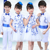 Liuyi middle and primary school students performance clothes childrens blue and white porcelain chorus clothes mens and womens poetry recitation guzheng competition performance clothes