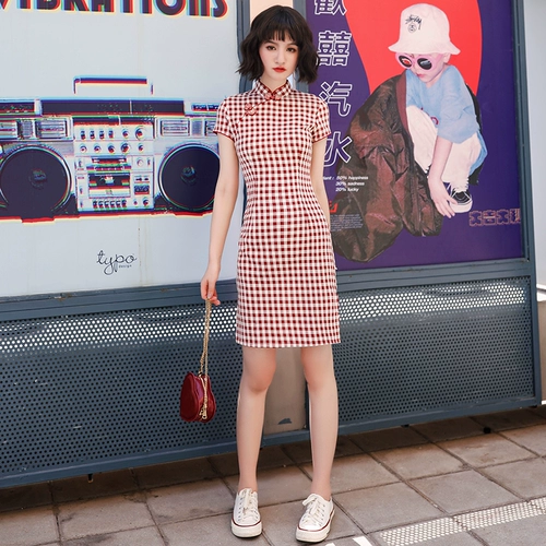 Красное цветное ретро ципао, короткое платье