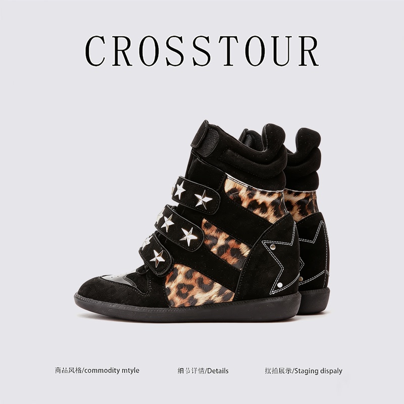 Crosstour~2026 Autumn New Retro Leopard Print Leather Studded Thick-Soled Height-Increasing Wedge Sneakers