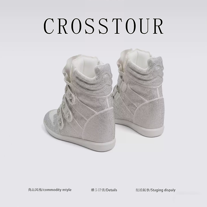 American Crosstour~8Cm Hidden Height-Increasing Retro Y2K Electronic Rhinestone High-Top Thick-Soled Wedge Shoes