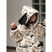 Beyen Childrens Pajamas Woman Winter Coral Velvet Family Cap Snoopy Boys and Girls Baby Home Clothes