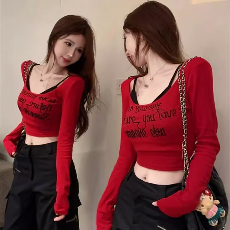 American Sweet and Spicy Red Short Jazz Dance Top Long-Sleeved Kpop Outfit Dance Clothes 2025 New Style
